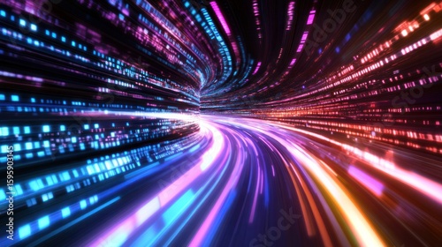 Abstract Tunnel of Data: An immersive image of a digital tunnel with streaks of light, symbolizing the rapid movement of data and technological advancement.