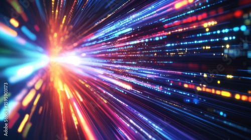 Vibrant Digital Data Streams: An abstract, dynamic representation of data streams, radiating outward with a captivating interplay of light, color, and motion.