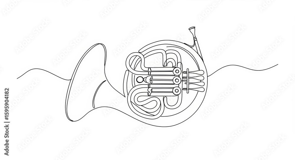 Obraz premium Elegant french horn contour drawing created using a single continuous black line