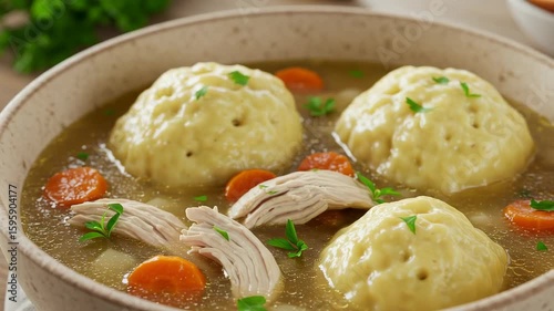 Matzah ball soup close up