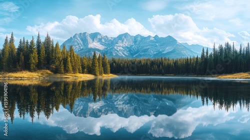 Reflections of Serenity: A picturesque scene unfolds as towering evergreen trees frame a tranquil lake, mirroring the snow-capped mountains and wispy clouds in the cerulean sky above.