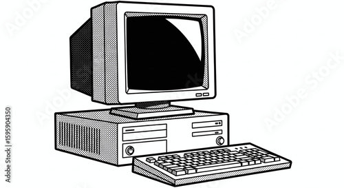 A black and white illustration of an old computer setup with a monitor keyboard and computer tower