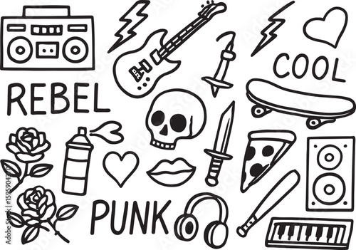 Black and white doodle art of rebel punk rock icons