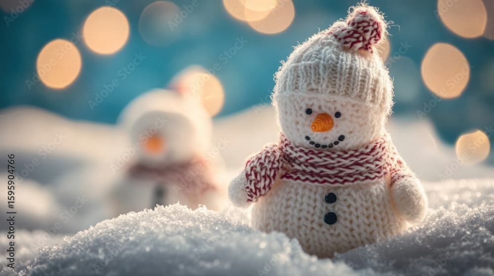 Obraz premium Cheerful Snowman Amidst Winter's Embrace: A close-up shot captures a delightful knitted snowman, sporting a vibrant scarf and cap, nestled in a snowy landscape. A serene winter scene with bokeh.