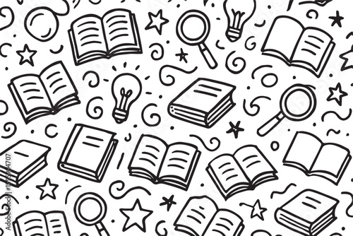 Black and white doodle pattern of books and learning symbols