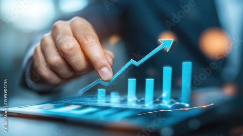 Rising Analytics: A focused professional hand meticulously traces an upward-trending chart, signifying financial growth and success in a modern business setting.