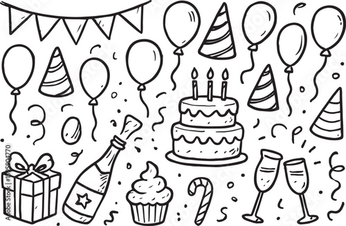Black and white doodle of birthday party elements celebration