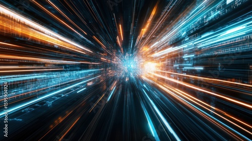Digital Data Stream: Futuristic abstract illustration showcasing the movement of data and technology, with dynamic light trails, symbolizing a technological future.