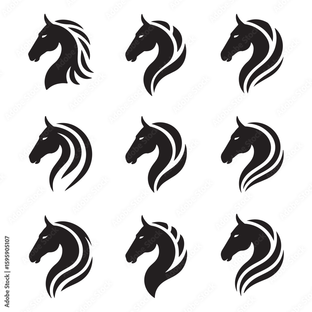 Fototapeta premium A collection of nine black horse head silhouettes arranged in a grid on a white background