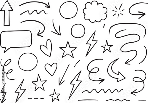 Black hand drawn doodle elements arrows stars hearts lightning bolts speech bubble