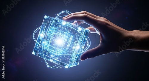 Hand holding a glowing cube with swirling light patterns in a dark blue gradient background