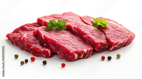 Fresh Cut Steak: A close-up shot of freshly cut raw steak. with vibrant colors and textures and adorned with herbs and pepper