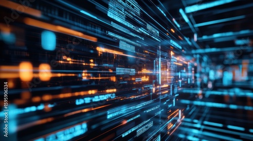 Digital Information Flow: A captivating, high-tech digital image showing an immersive perspective of information pathways and streams of digital data moving through networks