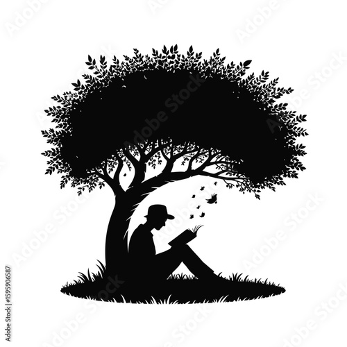 Silhouette of a man reading a book under a tree