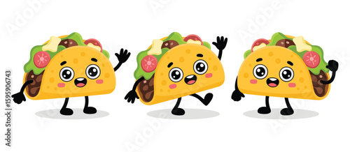 Three happy cartoon tacos waving and dancing together