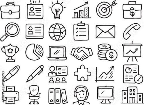 Business and finance doodle icons set drawing