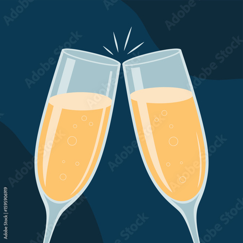 Two champagne flutes clinking together in a toast celebration