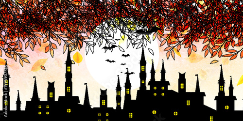 ハロウィン　紅葉　城　背景