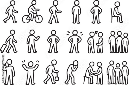 Collection of simple stick figure people in various poses and activities