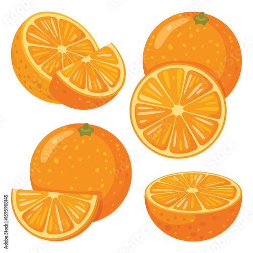 Fresh oranges and slices on white background healthy food illustration