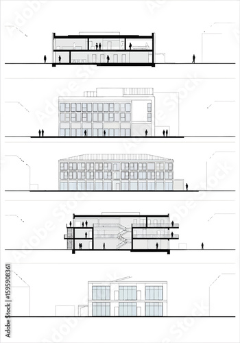 Architectural technical drawings showcasing building sections and elevations for modern design projects