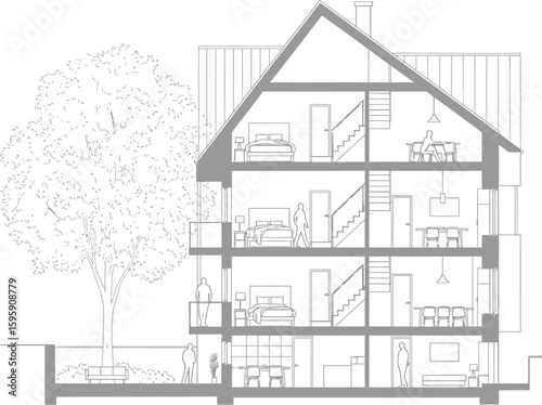Detailed architectural cross section drawing of a multi story residential house with interior furnishings and a tree
