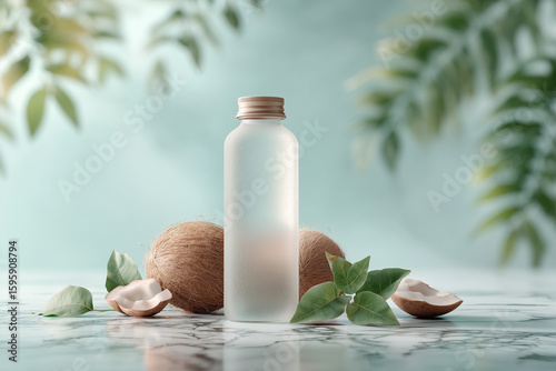 A minimalistic product showcase of coconut water in a transparent glass bottle, frosty exterior, surrounded by cracked coconuts and green leaves. 