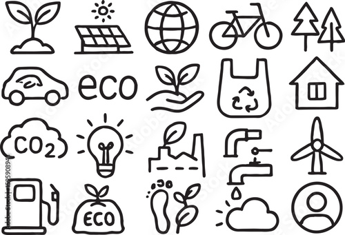 Hand drawn eco friendly icons set ecology environment