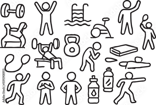 Hand drawn fitness and sports icons exercise workout
