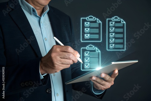 Businessman Overseeing Virtual Compliance Interface with Verified Status Marks