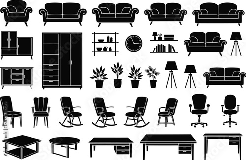 Collection of black silhouette furniture icons for interior design and home decor on a white background