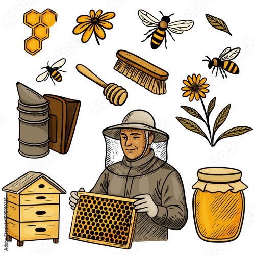 Collection of hand-drawn beekeeping and honey illustrations. Includes bees, beekeepers, honey jars, hives, honeycombs, flowers, and beekeeping tools in colored version.