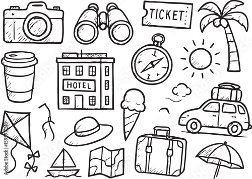 Travel vacation doodle collection with camera binoculars hotel car