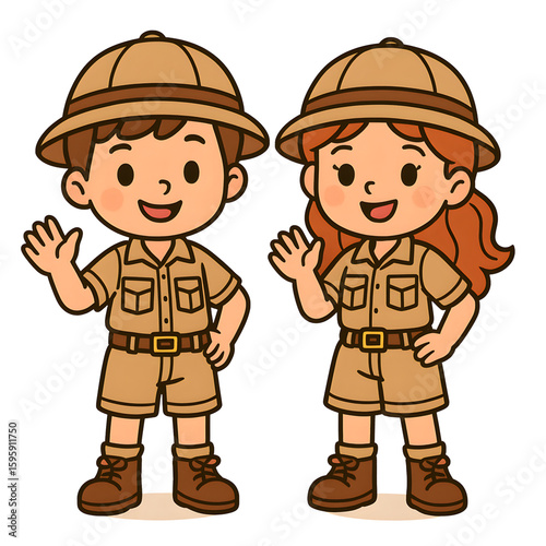 Wallpaper Mural Cute Kids Clipart in Costume Themes, Cute Cartoon Characters in Safari Outfits with Hats, Smiling and Waving, Perfect for Adventure and Exploration Themes in Children's Illustrations Torontodigital.ca