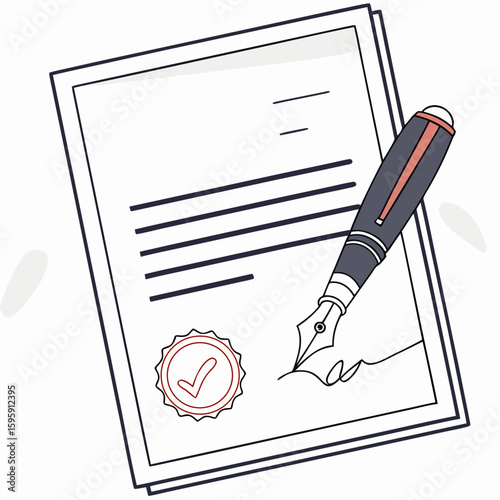 A document with lines of text and a check mark seal being signed with a fountain pen on a white background