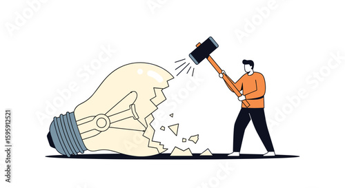 Destroying the old concept of an idea with a sledgehammer symbolizing innovation and change breaking through