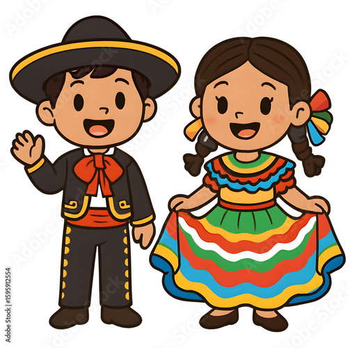 Cute Kids Clipart in Costume Themes, Cheerful Mexican Children in Traditional Costume, Boy in Charro Outfit and Girl in Colorful Dress, Celebrating Heritage with Joyful Expression