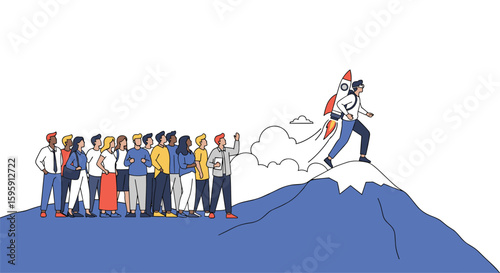 Inspiring business leader ascends mountain peak with jetpack evoking innovation and teamwork among diverse supporters