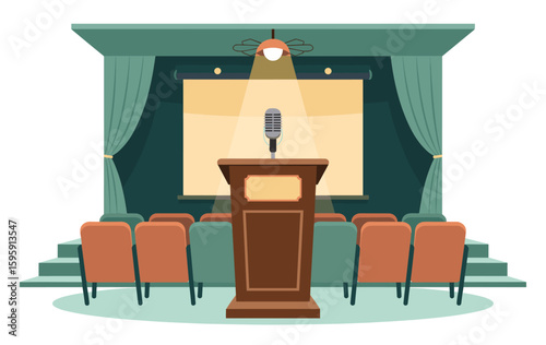 Flat vector illustration of a cozy retro-style presentation room with vintage wooden podium, classic microphone, atomic light, and mid-century theater seating. Clean white background
