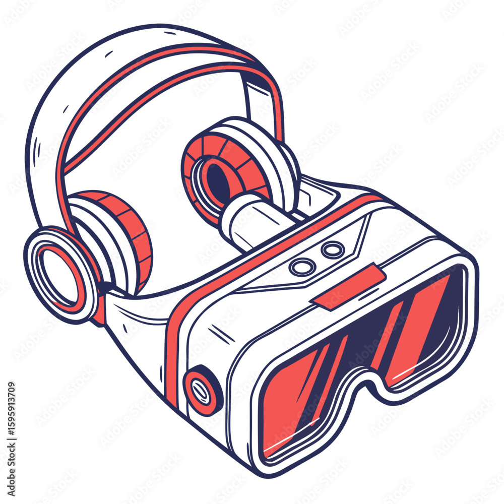 Fototapeta premium Isometric illustration of a white vr headset with red accents and attached headphones angled view