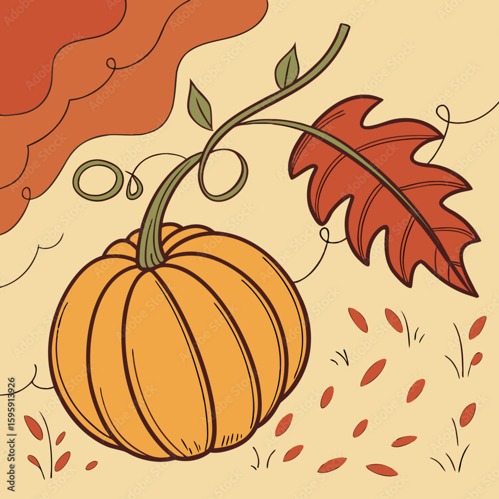 Naklejka premium Illustration of a pumpkin with a tree and falling leaves against a light orange background scene design