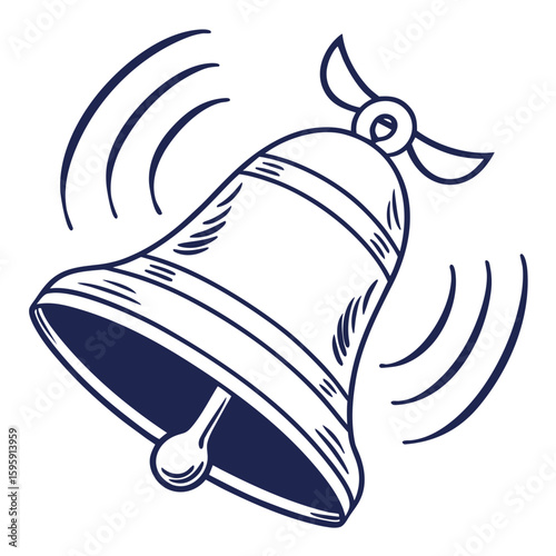 Illustration of a ringing handbell with a wooden handle and sound waves emanating from the bell body