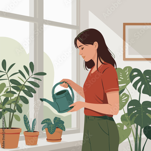 Woman watering houseplants indoor gardening hobby care routine home plants green leaves plants by window sill art 100