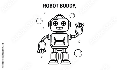 Robot Buddy: A friendly and cheerful robot illustration, exuding a sense of technological wonder and playful charm. The character's design is minimalistic and perfect for educational, entertainment.