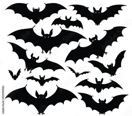 Black silhouettes of soaring Bats: A spooky scene shows an array of black bats silhouettes are flying in the air, invoking the mystery and thrill of Halloween.