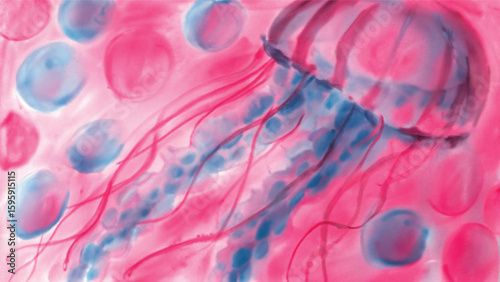 Abstract background with colorful swirling bubbles, smoke, and flowing light patterns in blue, pink, and purple hues