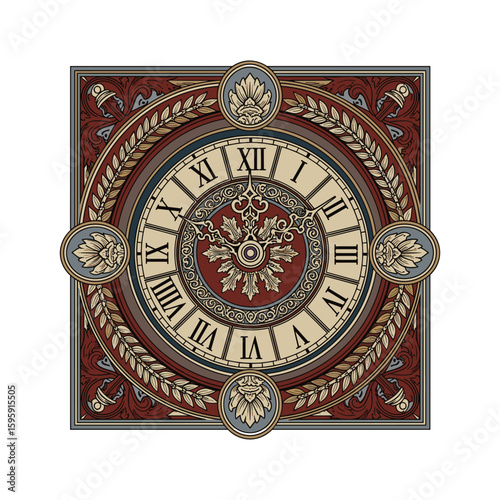 Ornate Vintage Style Roman Numeral Clock Wall Art Design Illustration for Home Decor