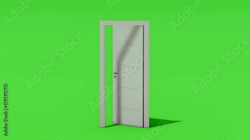 A sleek, modern white door is slightly open against a green screen. Suitable for transitions, virtual sets, or adding architectural elements to videos and interactive designs.