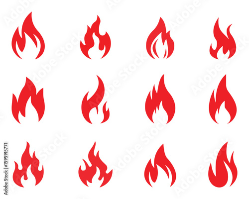 Fire flames, set vector icons Fire and flames outline icon set. Contour bonfire, linear flaming elements. Hand drawn monochrome different fire flame vector illustration.