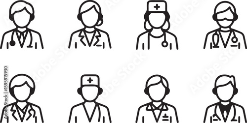 Collection of vector line icons representing healthcare professionals including a doctor nurse medical assistant and call center operator suitable for medical or business themes